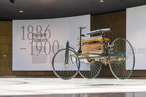 Benz Patent Motor Car from 1886 - the world's first petrol car. The Mercedes-Benz Museum in