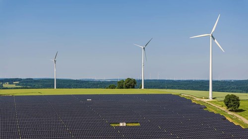 Landscape in the Swabian Alb near Amstetten. Wind farm and solar field. Amstetten,