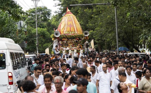 Hindu devotees takes part in Rath Yatra religious procession Guwahati, India on June 27, 2025. Rath