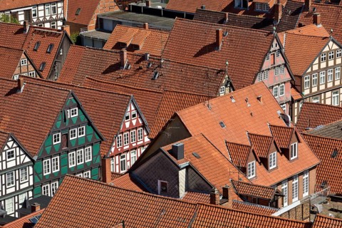 View from the town church tower over the roofs of the historic old town with its four hundred