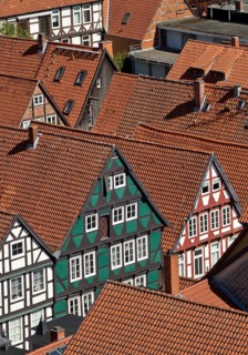 View from the town church tower over the roofs of the historic old town with its four hundred
