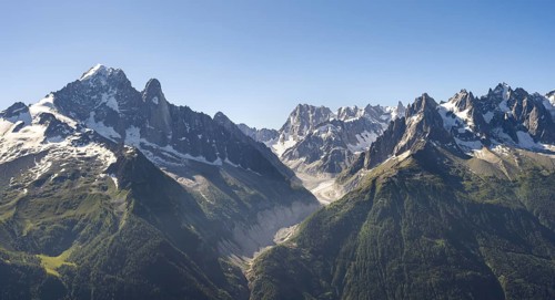 Mountain peak Grandes Jorasses and glacier Mer de Glace of the Mont Blanc massif,