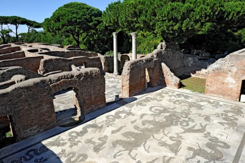 Ruins with mosaics on the floor of the Terme di Nettuno, thermal baths of the sea god Neptune,
