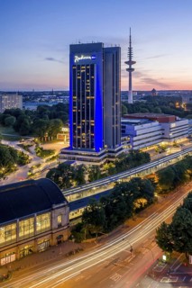 Aerial view of the CCH and Radisson Blue Hotel with television tower Heinrich-Hertz-Turm