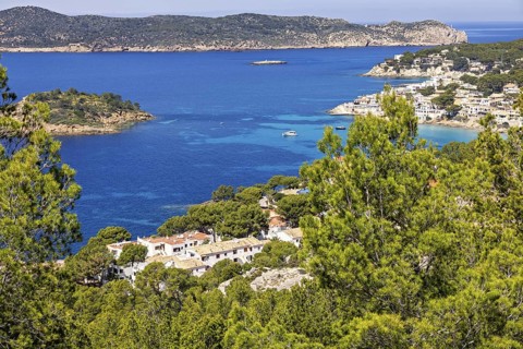 View at a coast village with white houses by a sea bay and a scenic sea view and lush green trees a