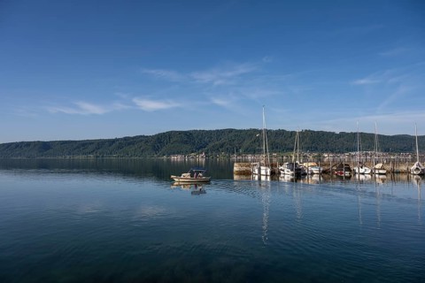 The harbour of Ludwigshafen, opposite the Lake Constance community of Bodman and the Bodanrück,