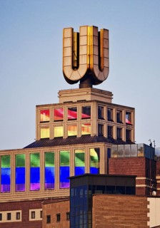 Dortmunder U, Flying pictures by Adolf Winkelmann at sunrise, Dortmund, Germany