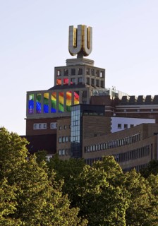 Dortmunder U, Flying pictures by Adolf Winkelmann with green trees, Dortmund, Germany