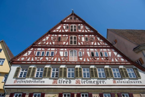 Detailed view of a historic half-timbered house, Kielmeyerhaus in the old town of Esslingen,