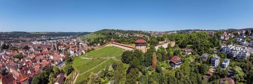 Aerial view, panorama of the city of Esslingen am Neckar with Esslingen Castle, Dicker Turm,