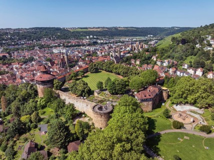 Aerial view of the city of Esslingen am Neckar with Esslingen Castle, district of Esslingen,
