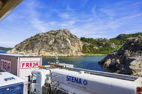 Cars and lorries on a car ferry operating as a floating road, near Lysekil, Bohuslän, Västra
