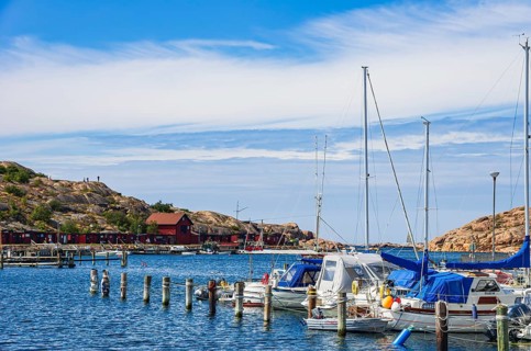 Boats moored at the jetty in the marina in the northern harbour (Norra Hamnen) of Lysekil,