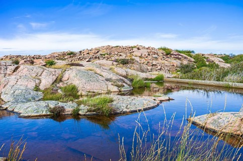 Rocky landscape of Bohusgranite on the coast of Lysekil, Bohuslän, Västra Götalands län, Sweden,