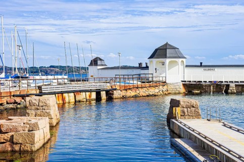 Picturesque view of the Kallbadhus, the cold bathhouse of Lysekil, Bohuslän, Västra Götalands län,