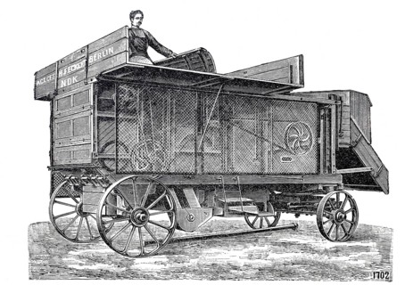 Agriculture, threshing machine with protective device by Eckert, around 1860, digitally improved