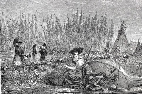 Women harvesting hops, c. 1840, Alsace, France, digitally enhanced reproduction of a 19th century