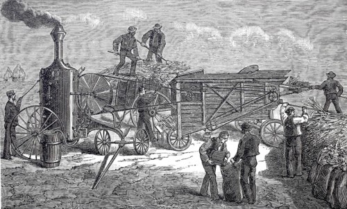 Agriculture, harvest, threshing machine in operation, driven by a locomobile, Aultmann system from
