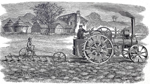 Agriculture, tillage, gang steam plough apparatus by John Fowler, around 1860, digitally improved