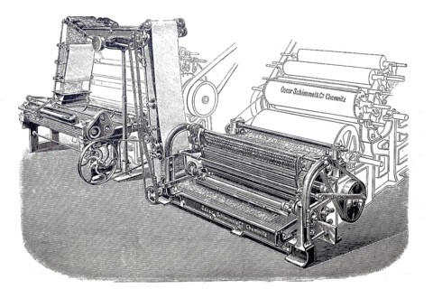 Textile processing, spinning mill, ribbon transfer by Schimmel & Co, around 1860, digitally