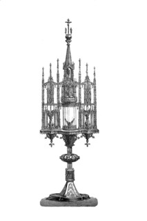 Religious objects of worship, monstrance, precious liturgical display device decorated with gold