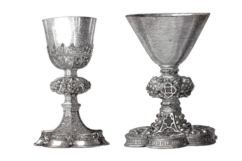 Religious cult objects, Two richly decorated chalices with enamels and filigree ornaments, probably
