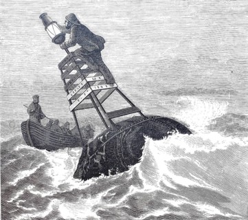 Lighting the beacons in the open sea during a storm, distress signal, historical, digitally