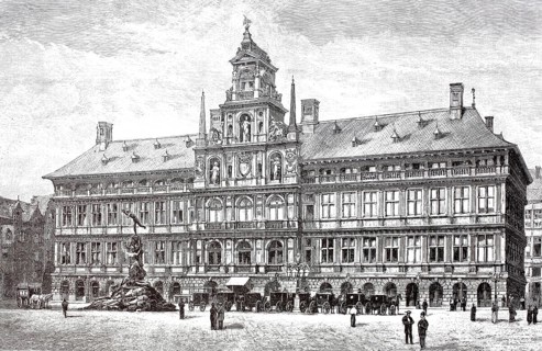 The town hall in Antwerp, Belgium, Historical, digitally enhanced reproduction of a model from