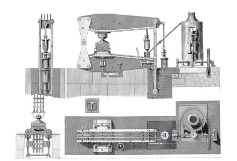 Wilson's machine for pressing metal into moulds, historical, digitally enhanced reproduction of a