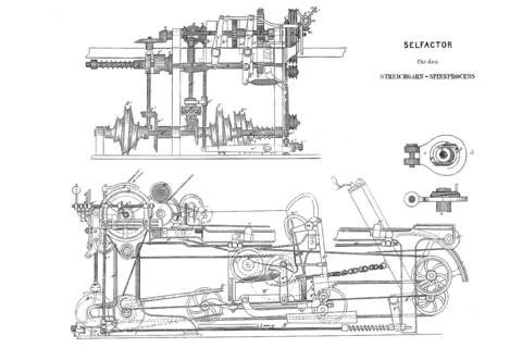 Selfactor for the carded yarn spinning process, historical, digitally enhanced reproduction of a