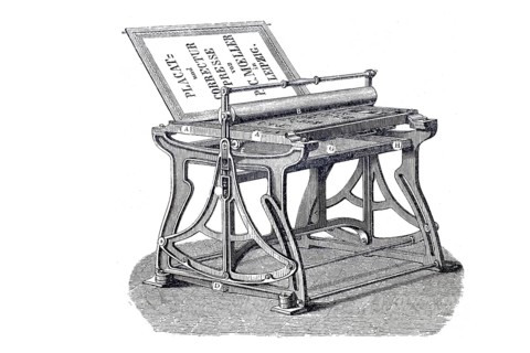 Print shop, Poster press, Proofreading press, Historical, digitally enhanced reproduction of an