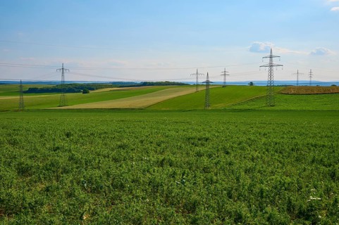 Wide green fields with several electricity pylons and a blue, slightly cloudy sky, Marktheidenfeld,