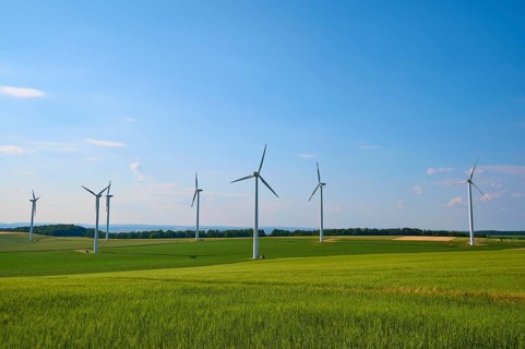 Wind turbines on green fields of grain under a blue sky, a symbol for renewable energy, summer,