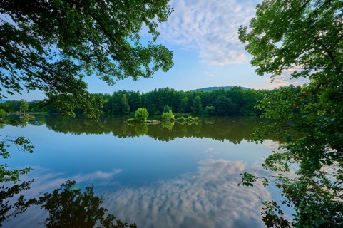 A calm, reflecting river surrounded by trees and small islands in the morning light, summer,