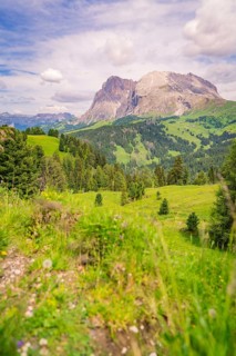 Green hilly landscape with mountain view and cloudy sky, Alpe di Siusi, Dolomites, South Tyrol,