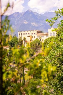 A castle in the middle of a green landscape, in front of a mountain panorama, Botanical Garden, The