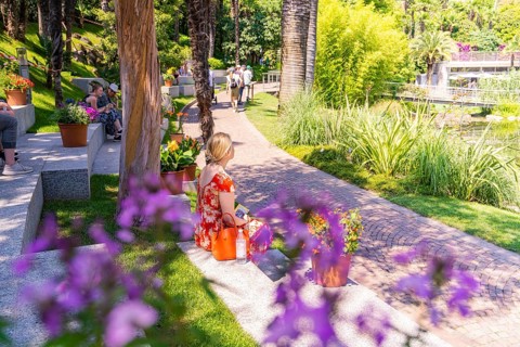 People relaxing in a sunny park with flowers and green grass, Botanical Garden, The Gardens of
