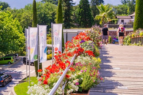 Flowerbeds along a wooden path with flags and walkers, Botanical Garden, The Gardens of