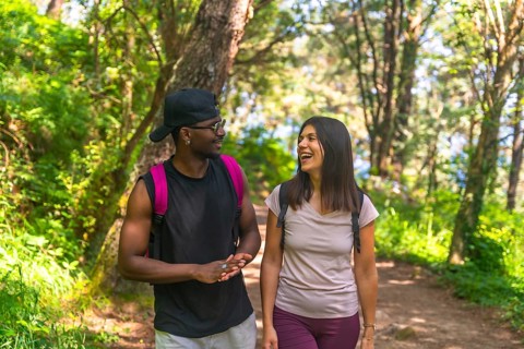 Two hikers with backpacks are enjoying a conversation while walking on a trail through a lush green