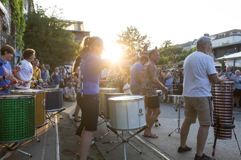 The band Berlin Percussion plays on the RAW grounds as part of the Fête de la Musique. The music