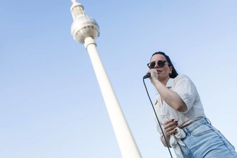 Singer Veronika Bognar on Alexanderplatz as part of the Fête de la Musique. The music event, which