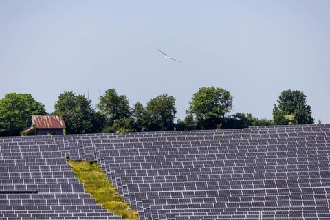 Open-space photovoltaic system, solar park near Nellingen in the Swabian Alb. Glider. Nellingen,