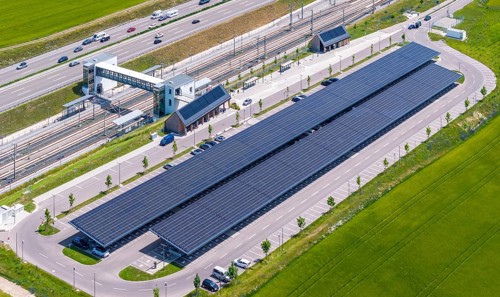 Largest charging park in the world at Merklingen Swabian Alb railway station. 259 covered stations