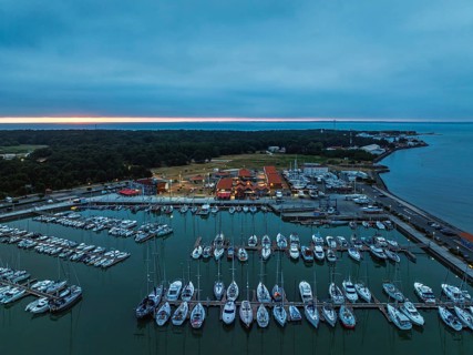 Sunset over Marina in Le Verdon-sur-Mer from a drone, Nouvelle-Aquitaine, Gironde, France, EuropeLe