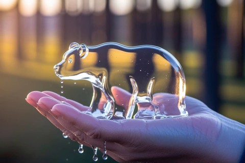 Melting ice cube polar bear held in human hand symbolizes climate change and global warming impact