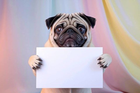 Cute pug dog holding blank white sign against soft pastel studio background. Generative ai, AI