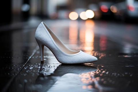 White lace wedding heel on rainy street. Symbol of a ruined wedding or runaway bride. Generative