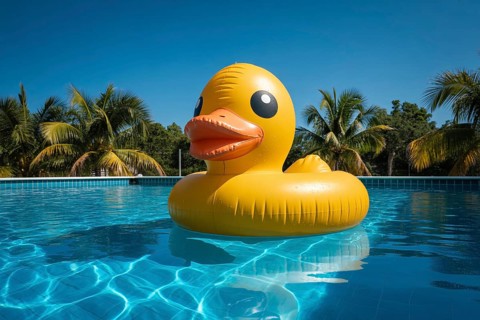 Inflatable yellow duck floating in turquoise pool. Playful symbol of carefree summer leisure and