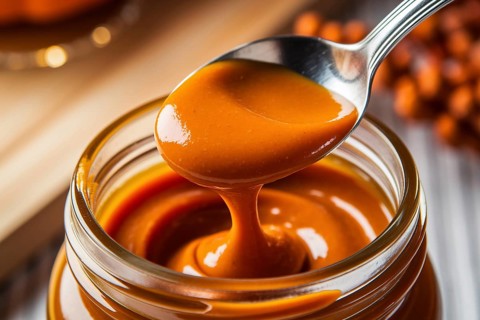 Close-up of silver spoon scooping rich pumpkin butter from glass jar. Warm autumn kitchen scene