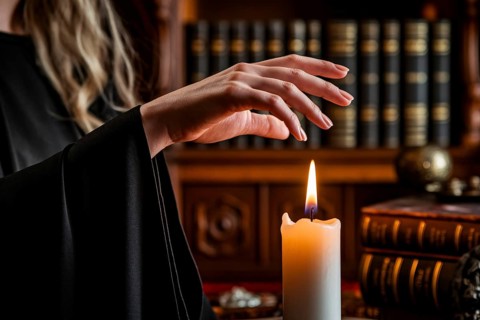 Woman's hand above flickering candle flame. A moment of witchcraft, mystery, and feminine power.